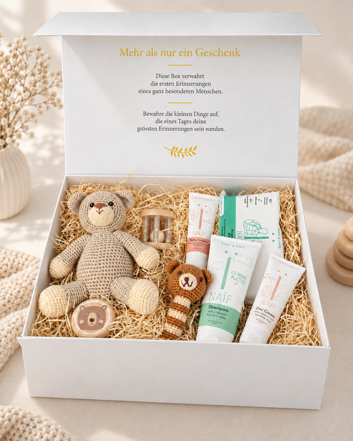 Offene Geschenkbox Bruno mit gehäkeltem Bär, Babyrassel, Greifspielzeug und NAÏF Pflegeprodukten in Naturtönen