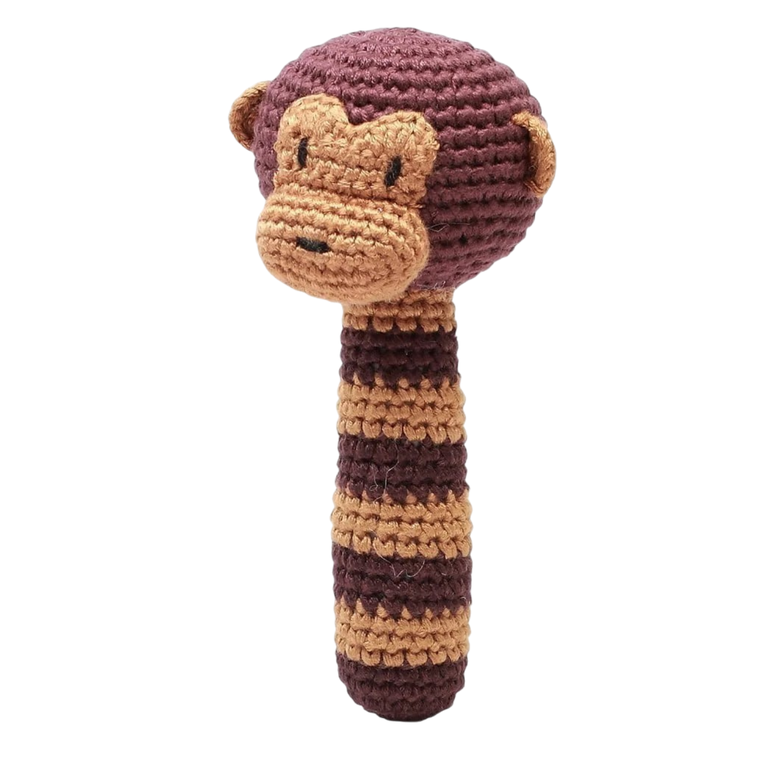 Lovingly crocheted baby rattle "Mr. Monkey" with a brown striped pattern made of soft bamboo yarn for babies from birth.