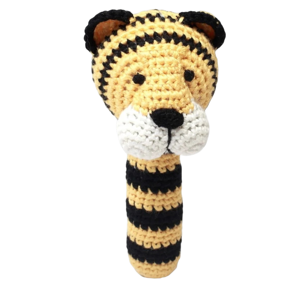 Hand-crocheted baby rattle tiger in yellow and black made from soft bamboo yarn for babies from birth.