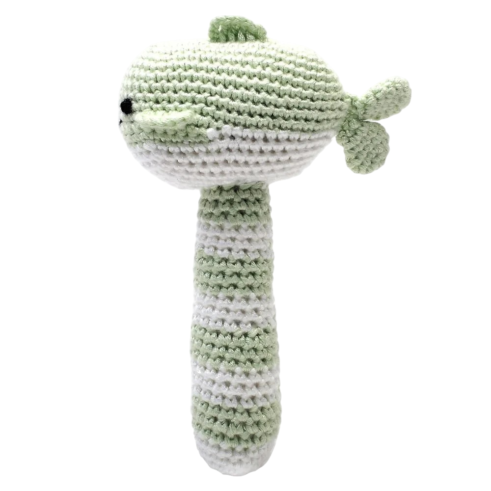 Handmade crocheted baby rattle whale in lime green made from Oeko-Tex certified materials for babies from birth.