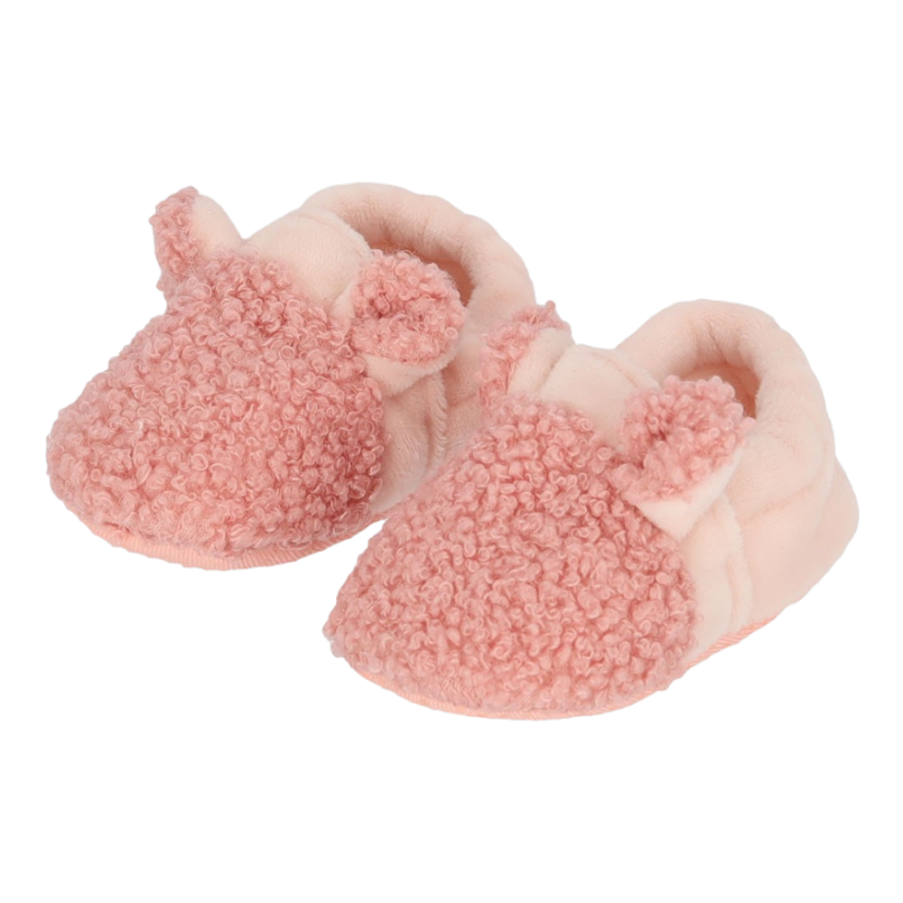 Pair of soft pink baby shoes from Apollo with a fluffy surface