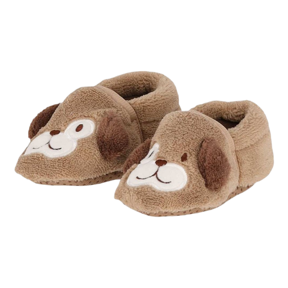 Soft baby shoes from Apollo with a cute dog face and brown ears