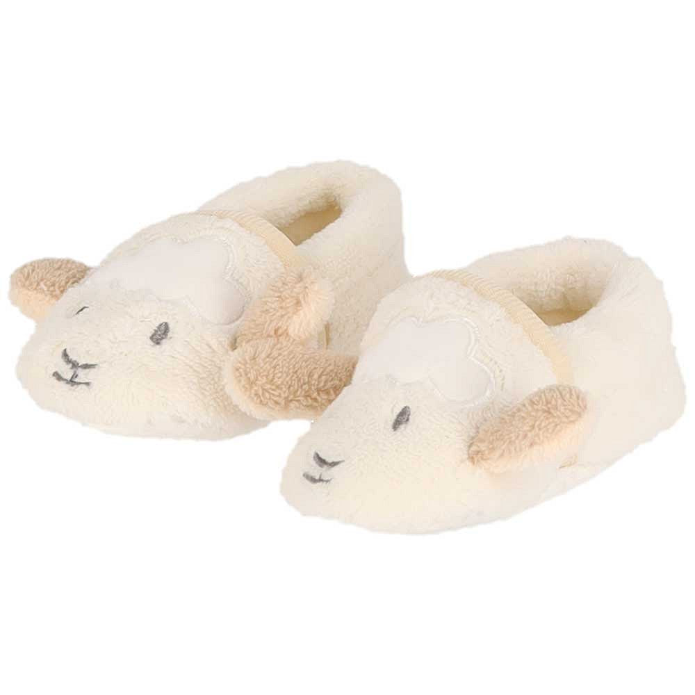 Soft baby shoes from Apollo with a cute sheep face and small beige ears