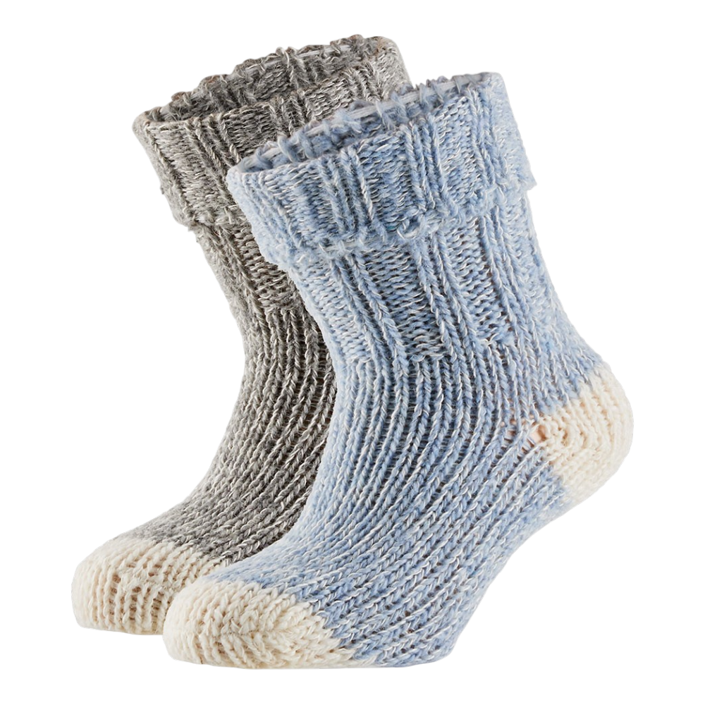 Warm baby socks made of wool blend in light blue and gray in a knitted design
