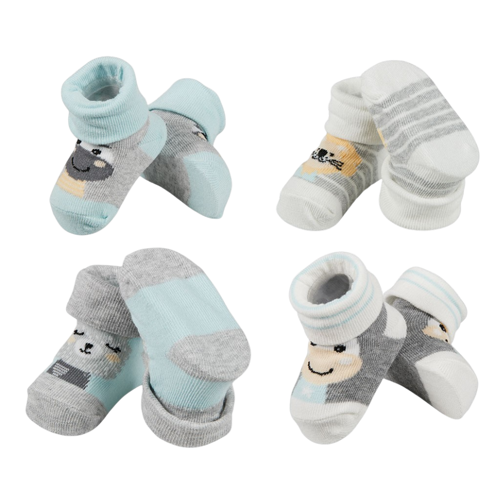 Vier Paar Babysocken mit Tiermotiven in Grau, Mint, Creme und Beige