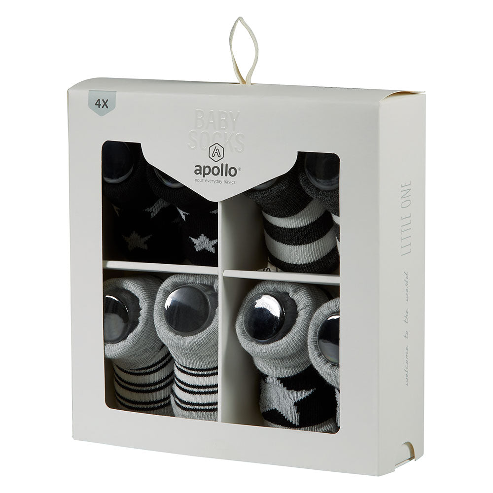 Apollo Babysocken für Neugeborene in schwarz grauer Geschenkbox