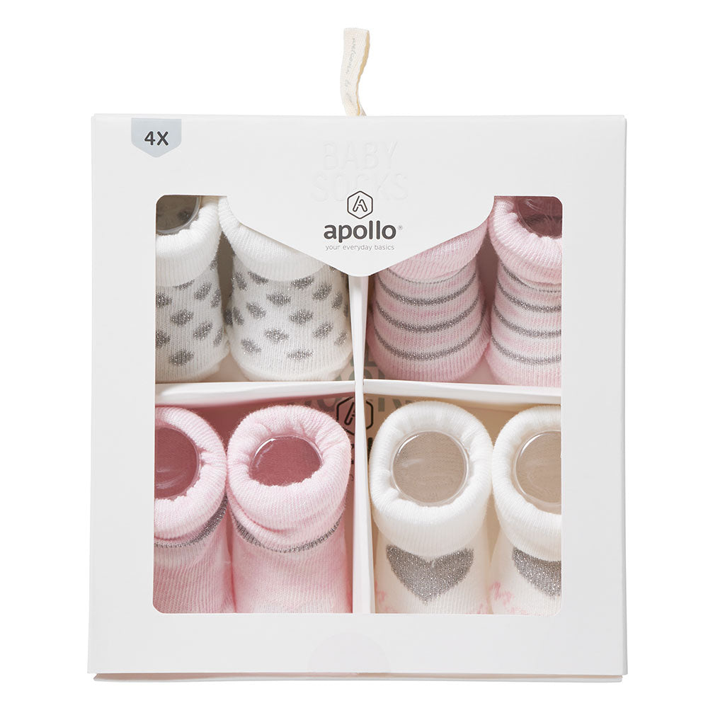 Quatre paires de chaussettes bébé roses, blanches et argentées dans un coffret cadeau Apollo