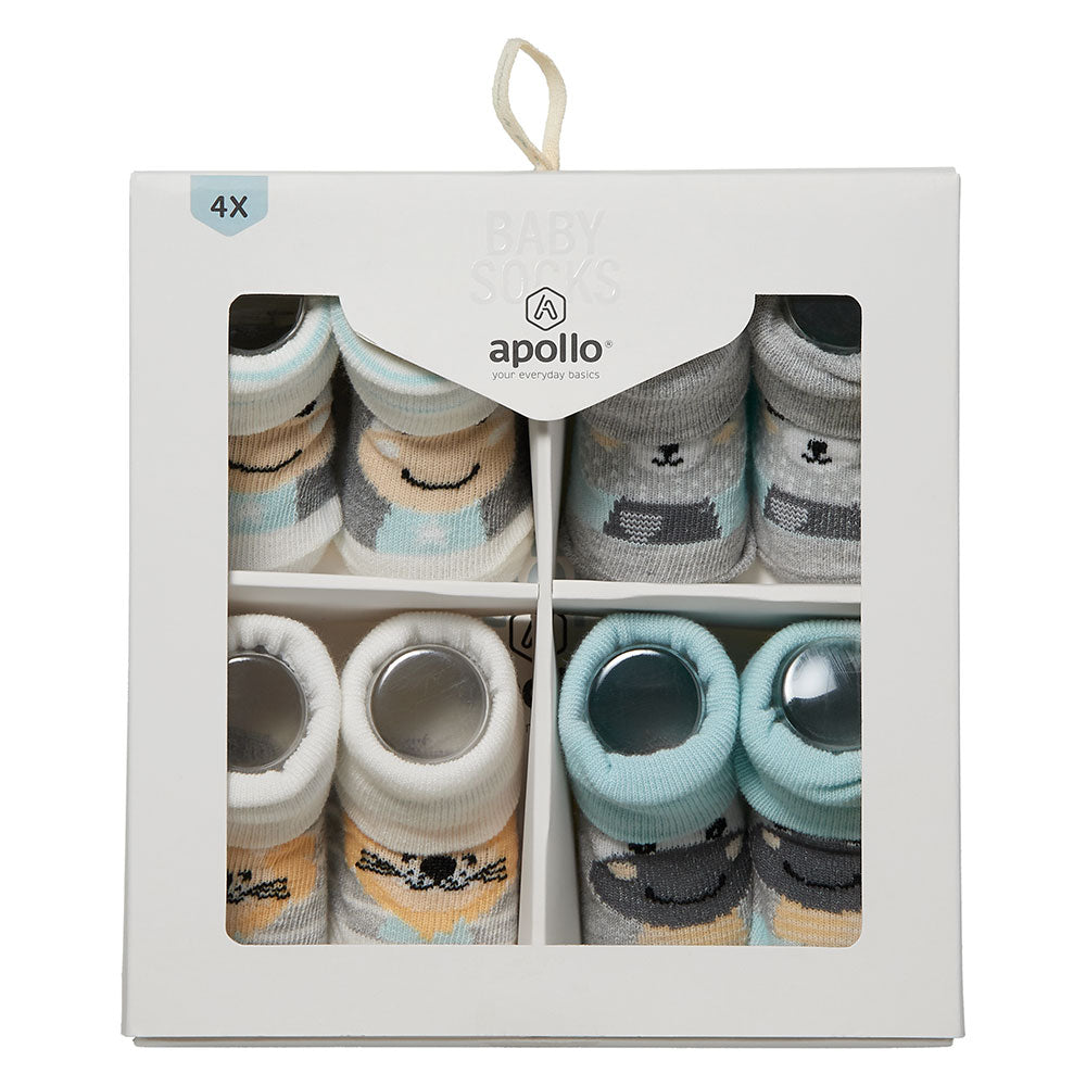 Vier Paar Apollo Babysocken mit Tiermotiven in weisser Geschenkbox