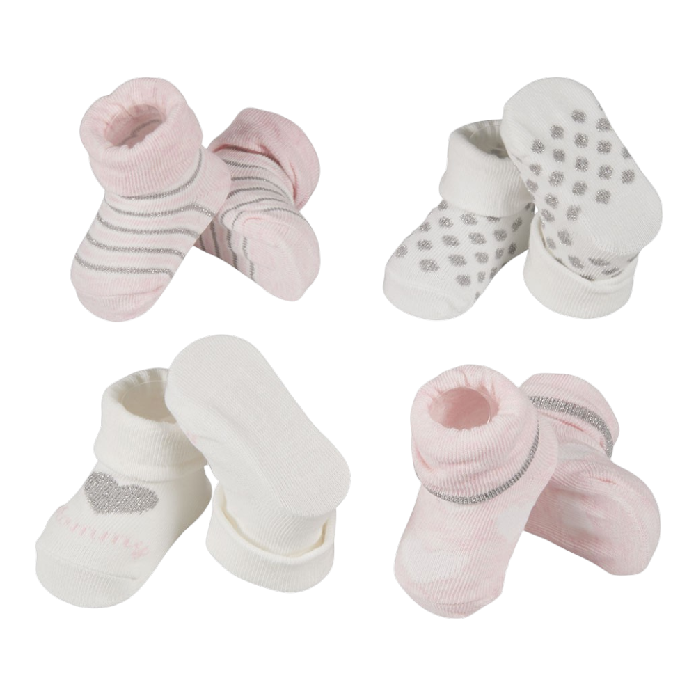 Quatre paires de chaussettes bébé pour nouveau-né avec un motif cœur, rayures et pois
