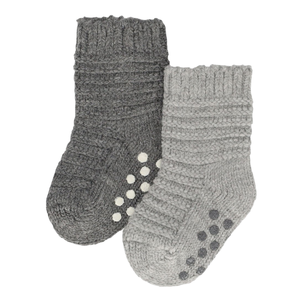 Gray baby socks with non-slip nubs on the bottom