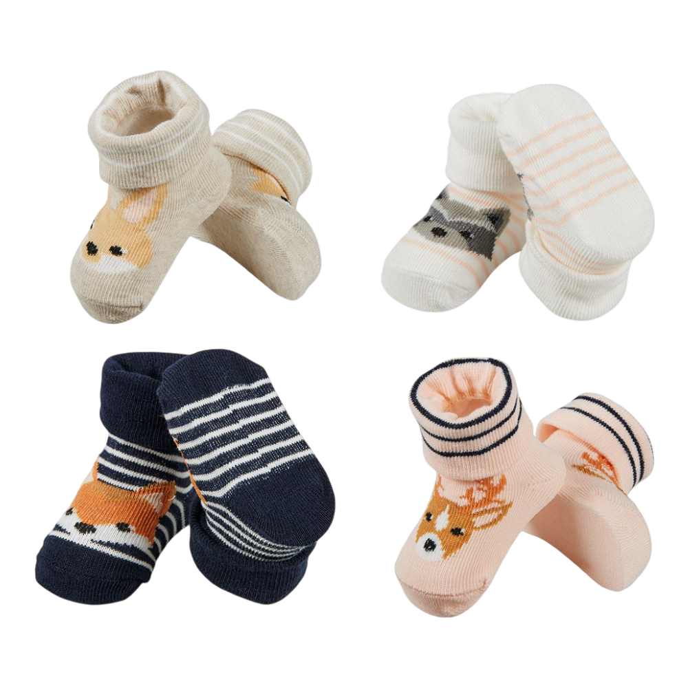 Vier Paar Babysocken mit Fuchs Reh Hase und Waschbär