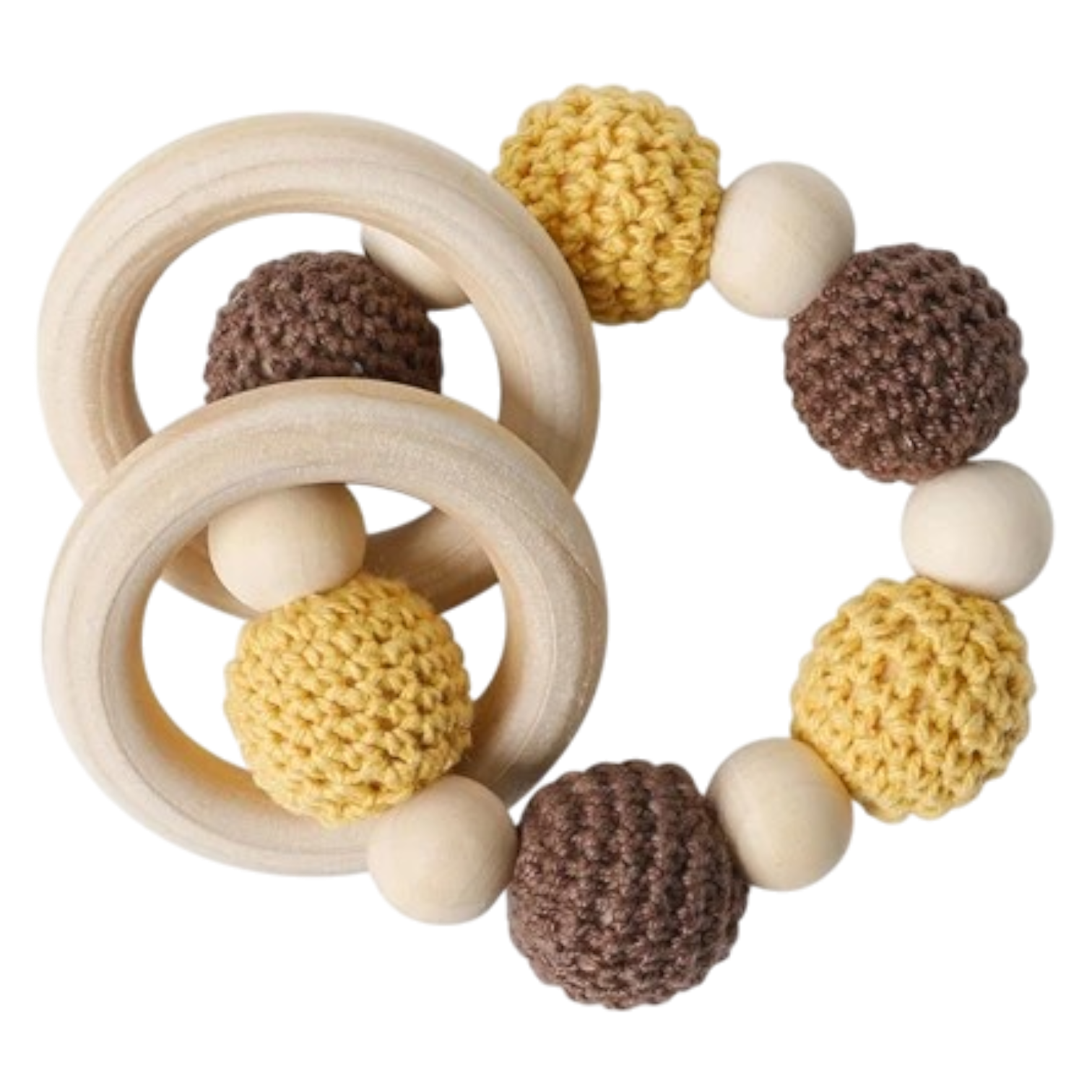 Die Hello World Beissring Kette Classic Gelb [11x8cm] besteht aus Holzringen und Perlen mit gelben und braunen Häkelkugeln in einem Kreis - eine ideale Zahnungshilfe Baby für natürliche Zahnfleischentlastung.