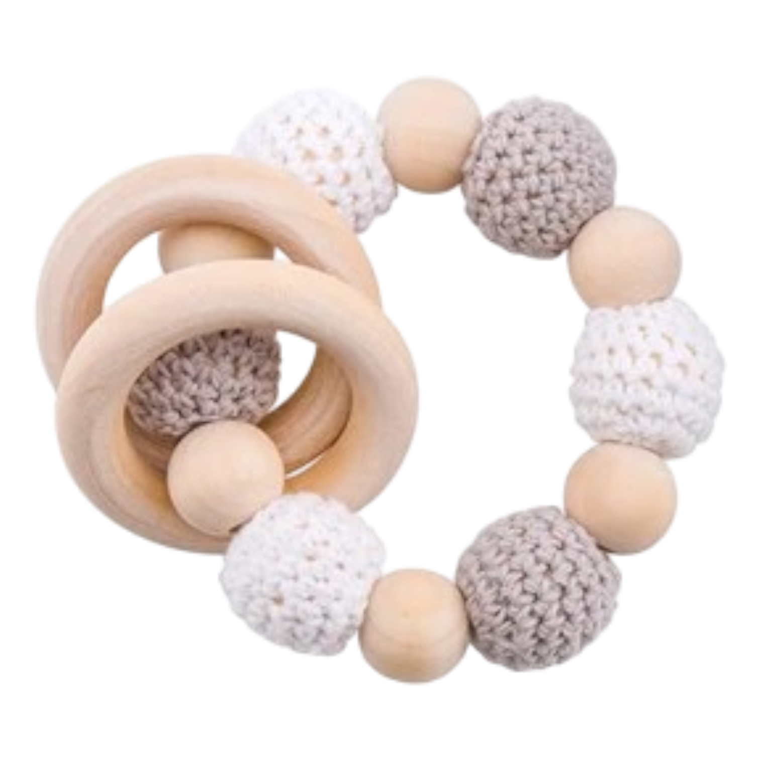 Die Hello World Beissring Kette Classic Grau [11x8cm] besteht aus Naturholz und gehäkelten Perlen in Weiß und Grau, die kreisförmig mit zwei Holzringen angeordnet sind - ideal als beruhigender Beißring für Babys.