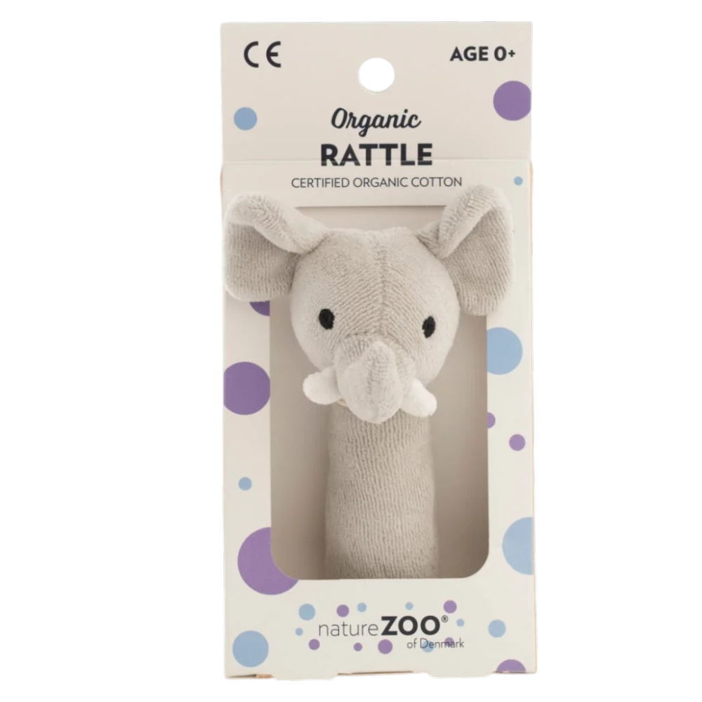 Bio Babyrassel Elefant Grau aus Bio-Baumwolle in Geschenkverpackung