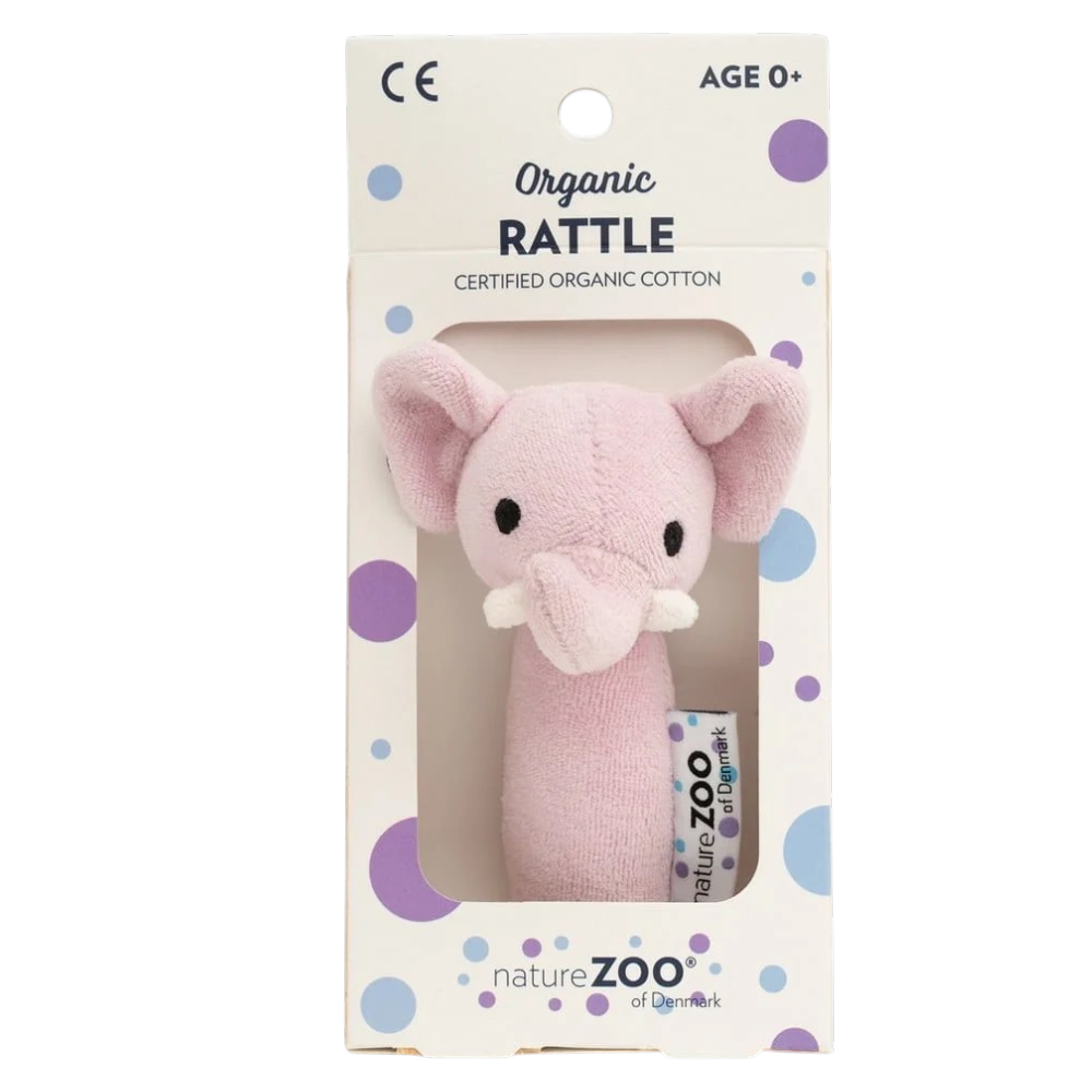 Hochet bébé bio éléphant rose en coton biologique dans un emballage cadeau