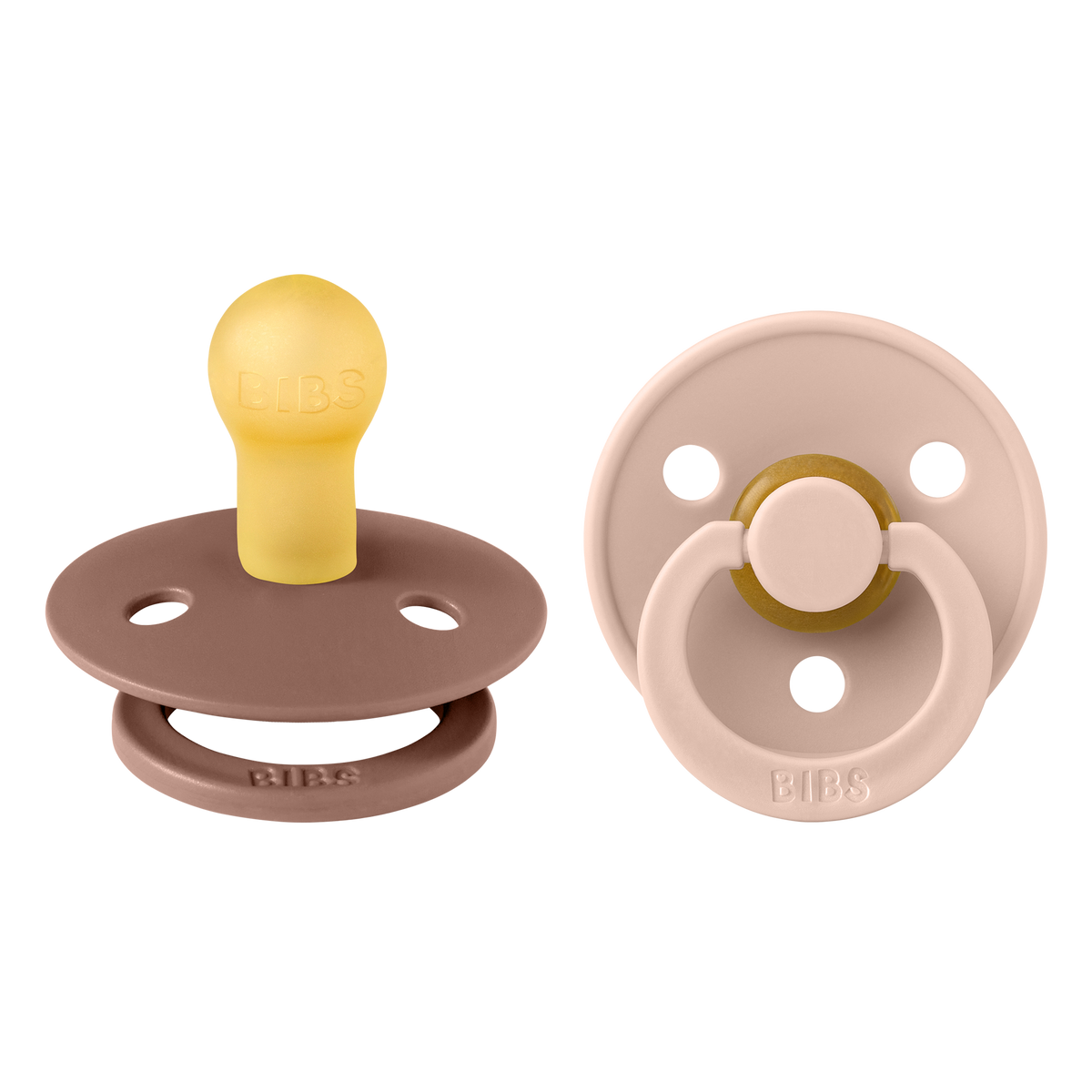 Vue avant et arrière du pack de 2 sucettes Color marron et rosé avec tétine ronde en latex de caoutchouc naturel