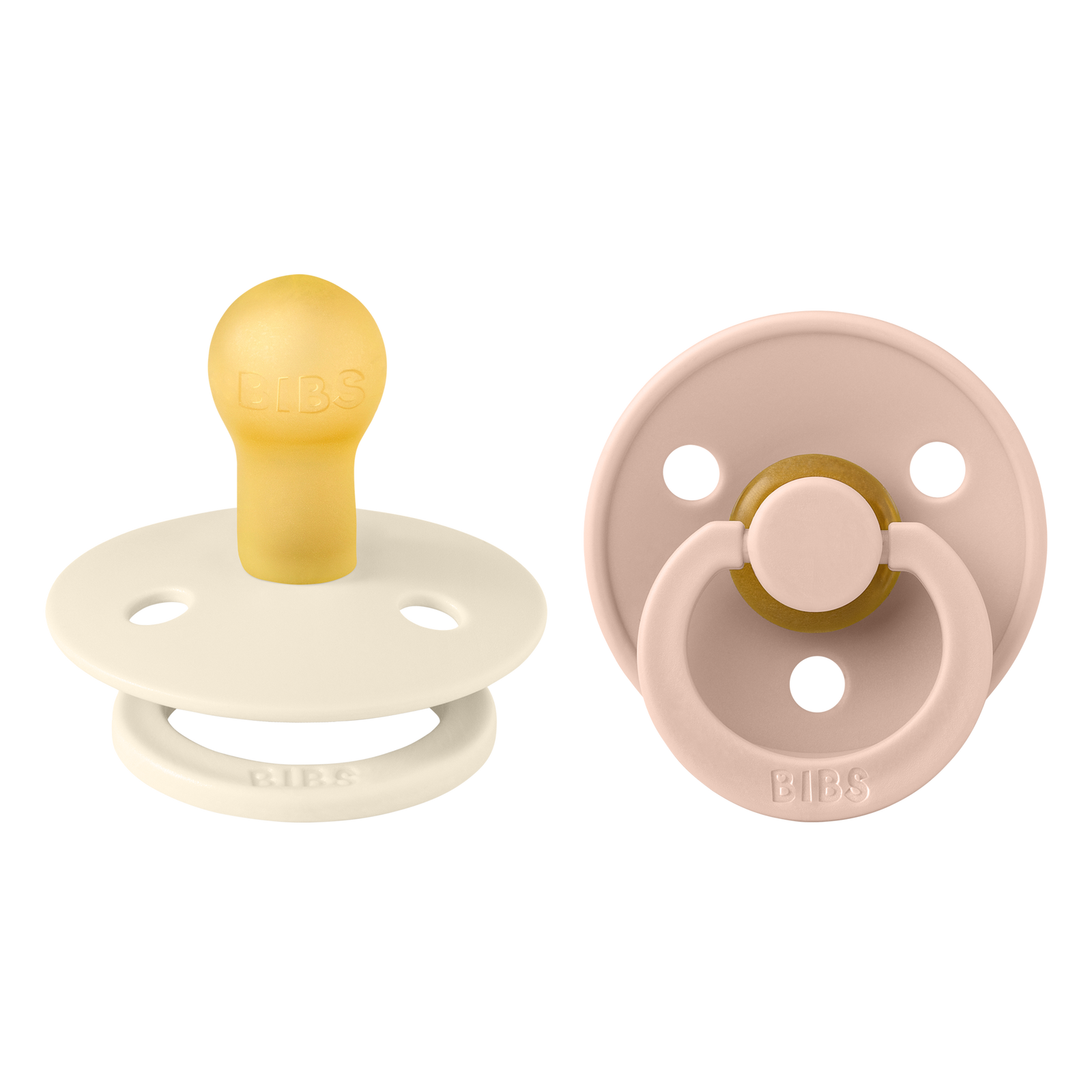 Front and back view of the Color Pacifier 2-pack in cream and rosé with a round natural latex teat for babies