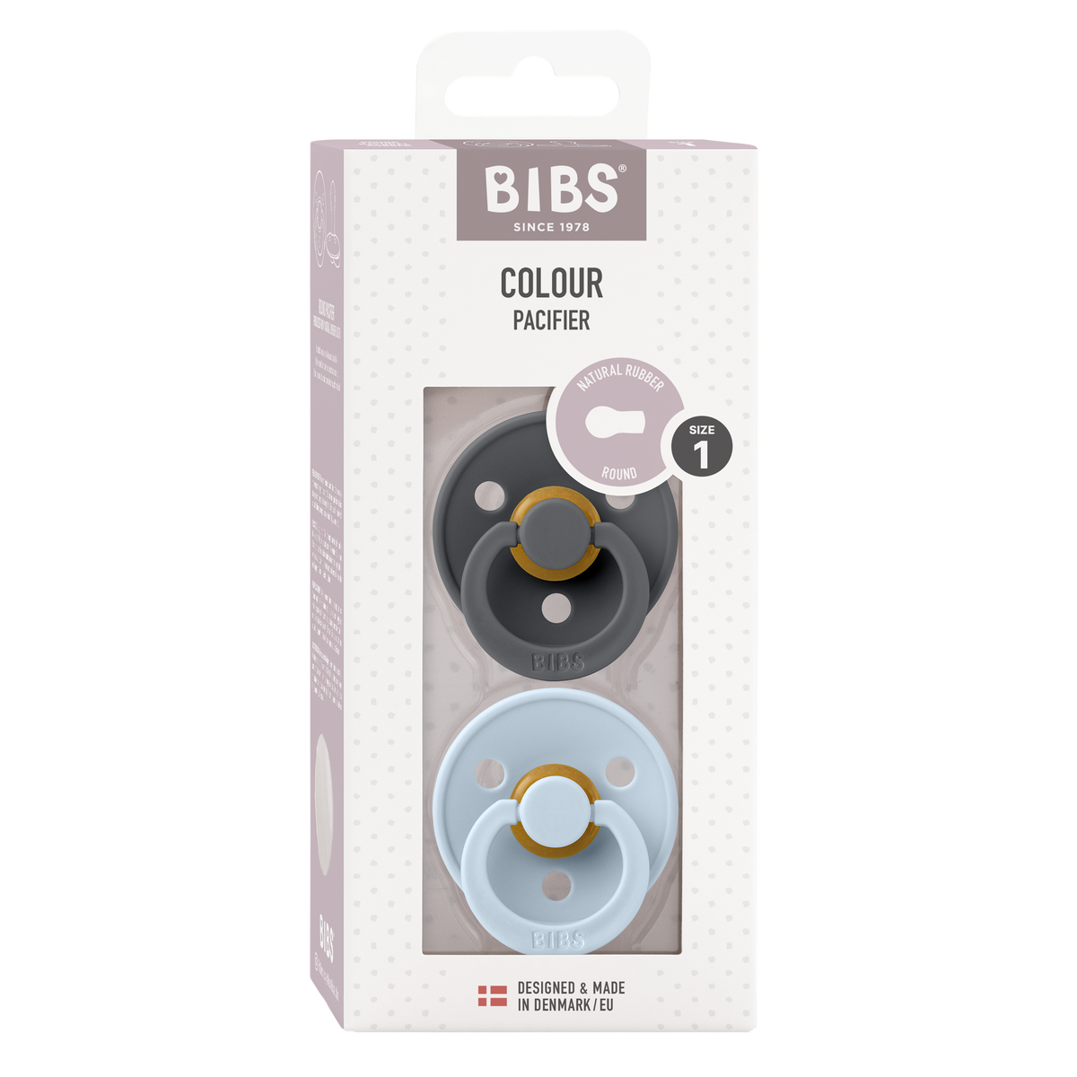 Packaging of the Color Pacifier pack of 2 in dark gray and light blue with natural latex teat