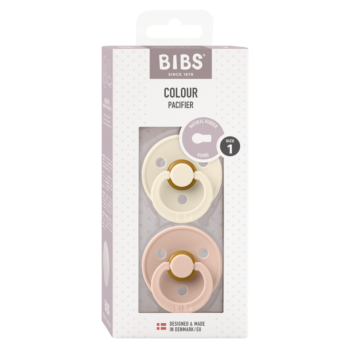 Verpackung des Colour Schnuller 2er-Packs in Ivory und Blush mit Naturlatex-Sauger