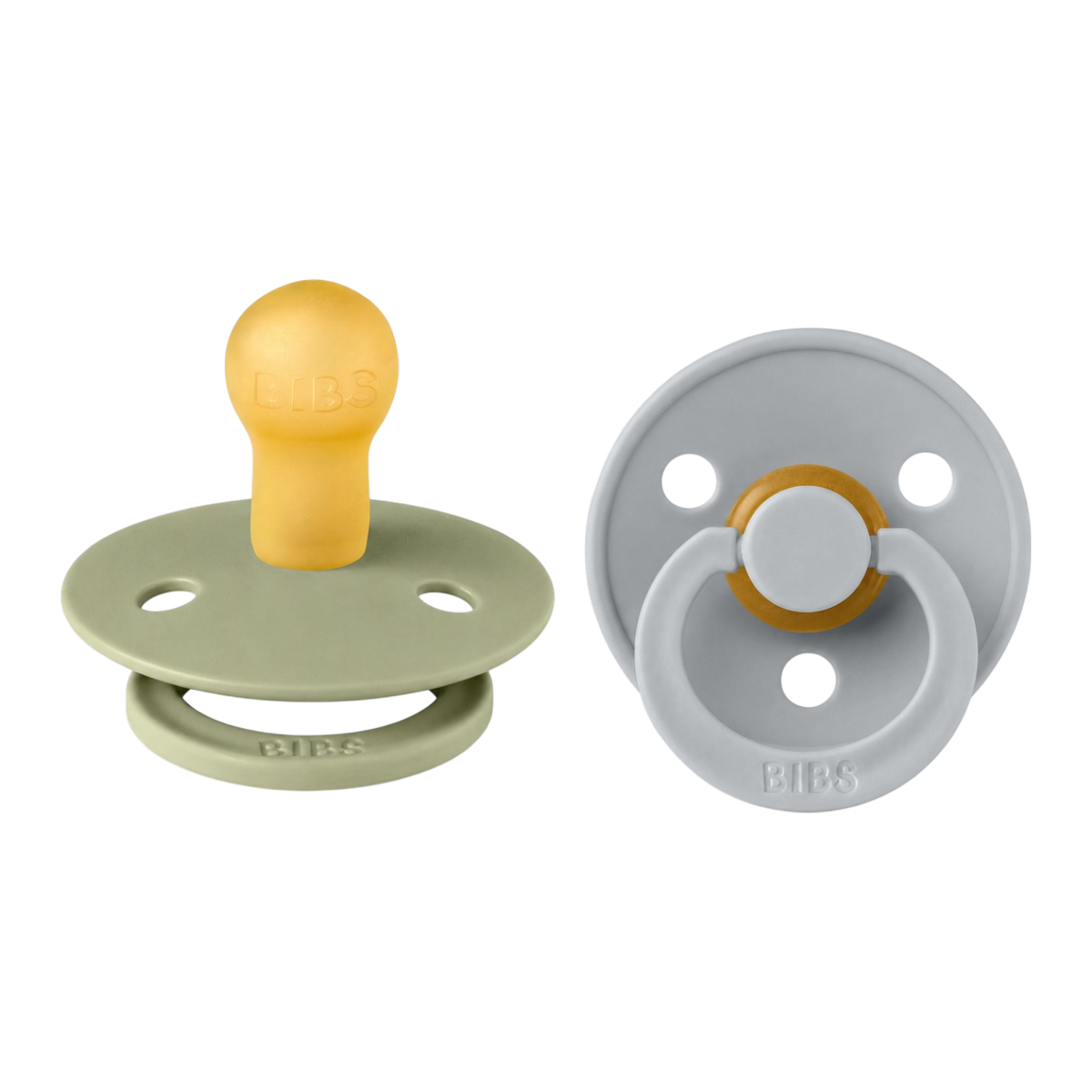 Front and back view of the Color Pacifier 2-pack in sage green and light gray with a round teat made of natural rubber latex for babies