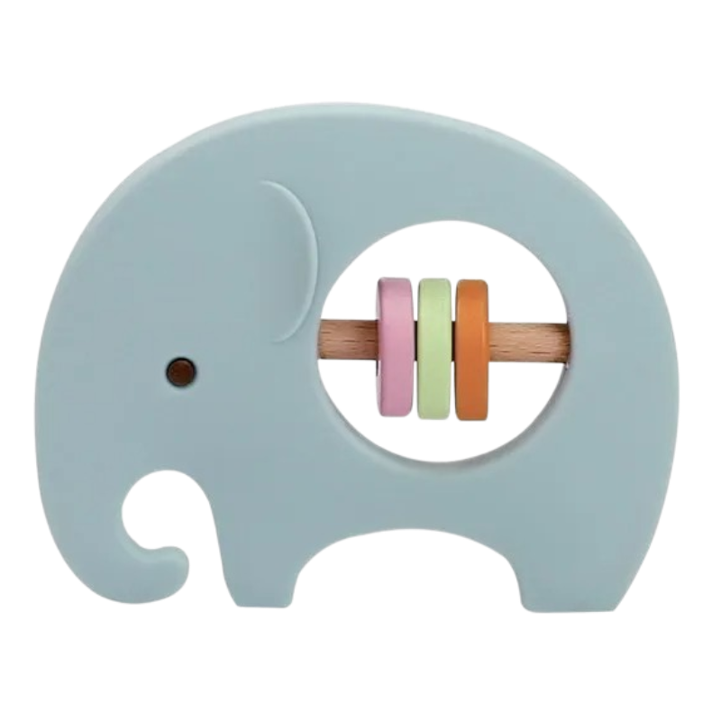 Der Hello World Elefant Blau aus Silikon [9x6,8cm] ist ein pastellblaues Holzspielzeug mit drei bunten Perlen - rosa, grün und orange - an einem Stab im Inneren, der als einfacher Greifling für kleine Kinder zum Greifen und Spielen konzipiert ist.