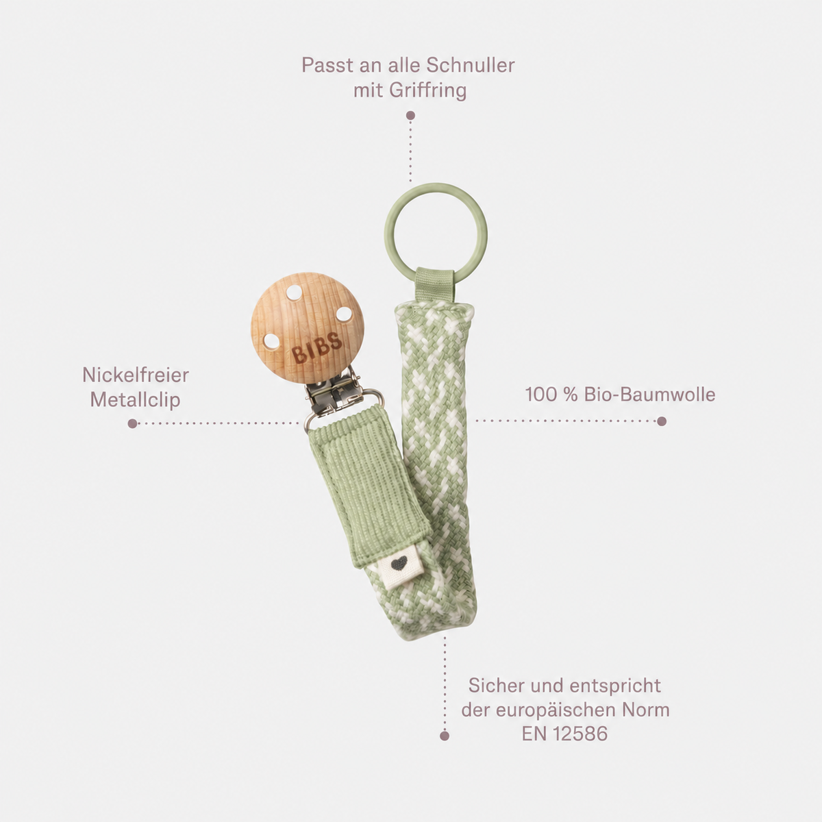Braided pacifier chain in sage green made of organic cotton with wooden clip, nickel-free metal clasp and EN 12586 tested safety