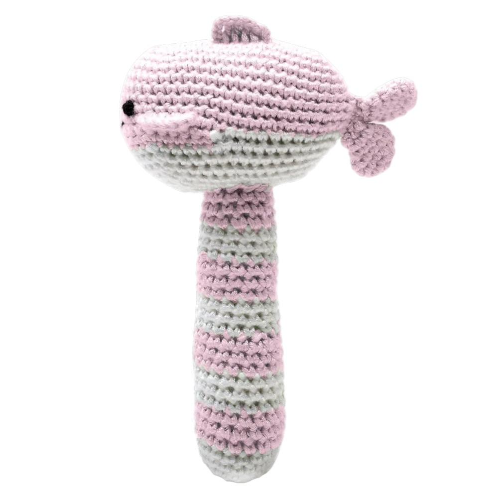 Crocheted baby rattle whale in delicate light pink tones made from soft bamboo yarn for babies from birth.
