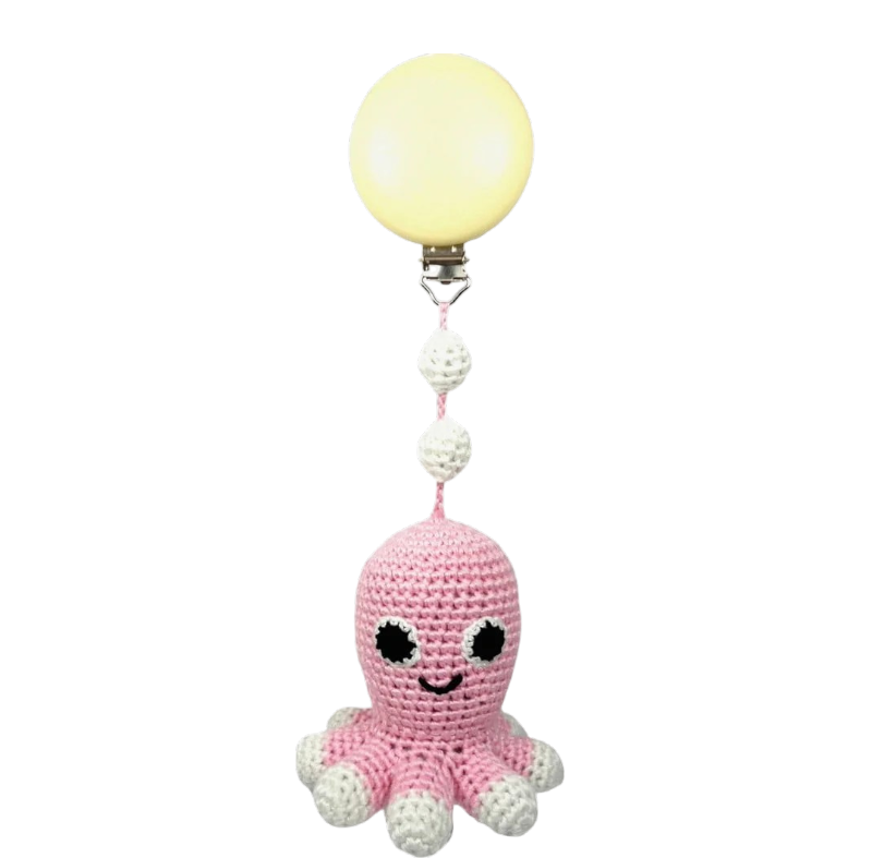Crocheted stroller trailer squid in pink with rattle and clip for babies from 0 months