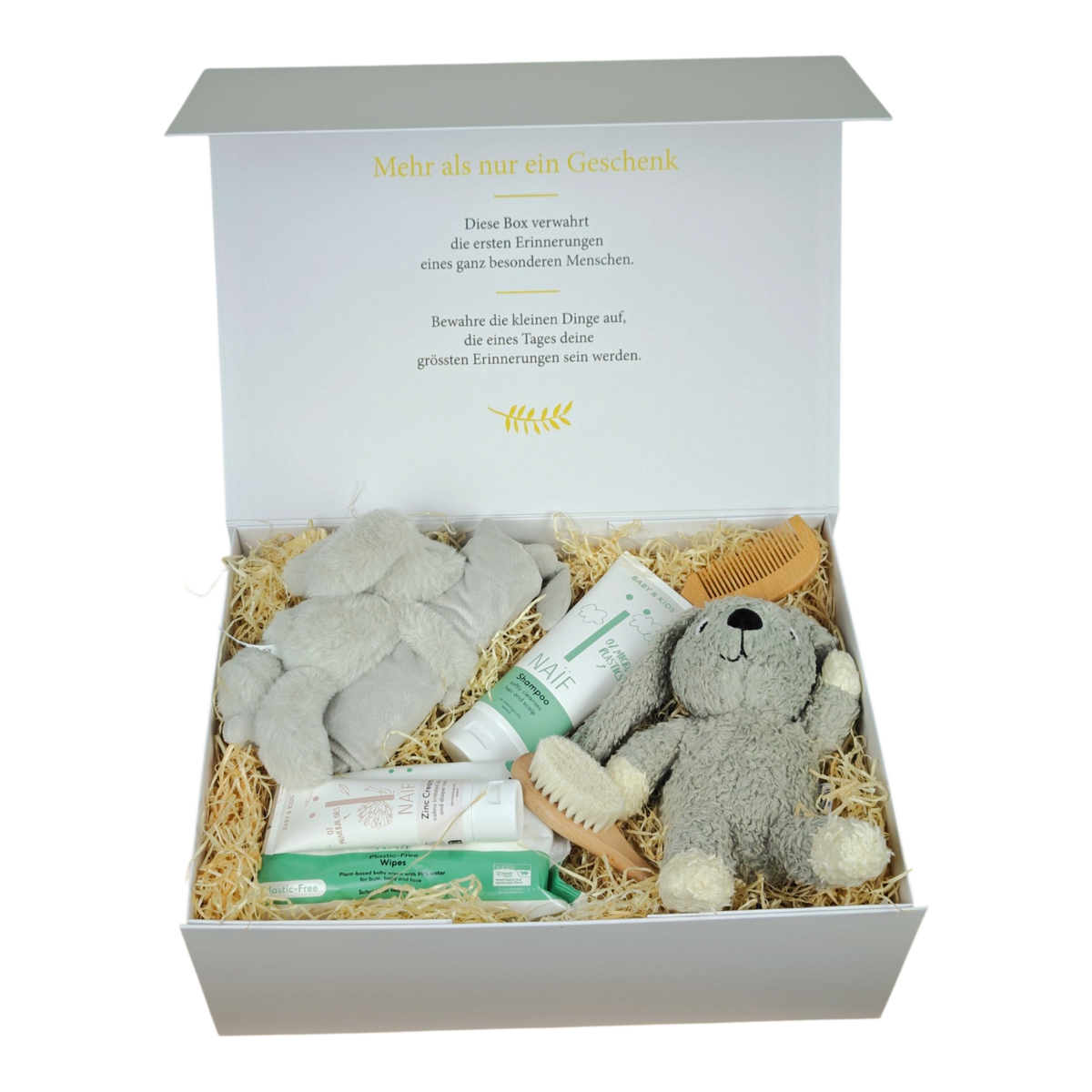 Geschenkbox Ruben für Babys in Grau und Naturtönen mit Bio-Plüschhase, Kuscheltuch, NAÏF Shampoo, Windelcreme und Feuchttüchern sowie Babybürste und Babykamm aus Holz.