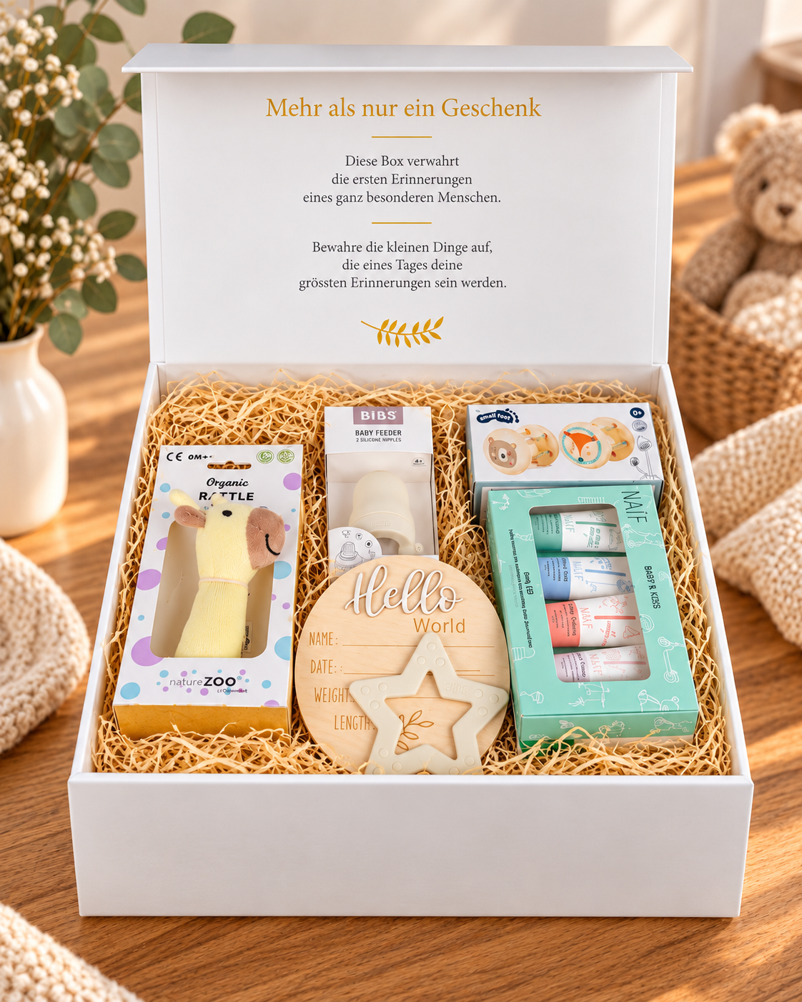 Geschenkbox Silas mit 25 Pampers, Bio Babyrassel Giraffe, Baby Feeder, Greifspielzeug, BIBS Beissring und NAÏF Pflege