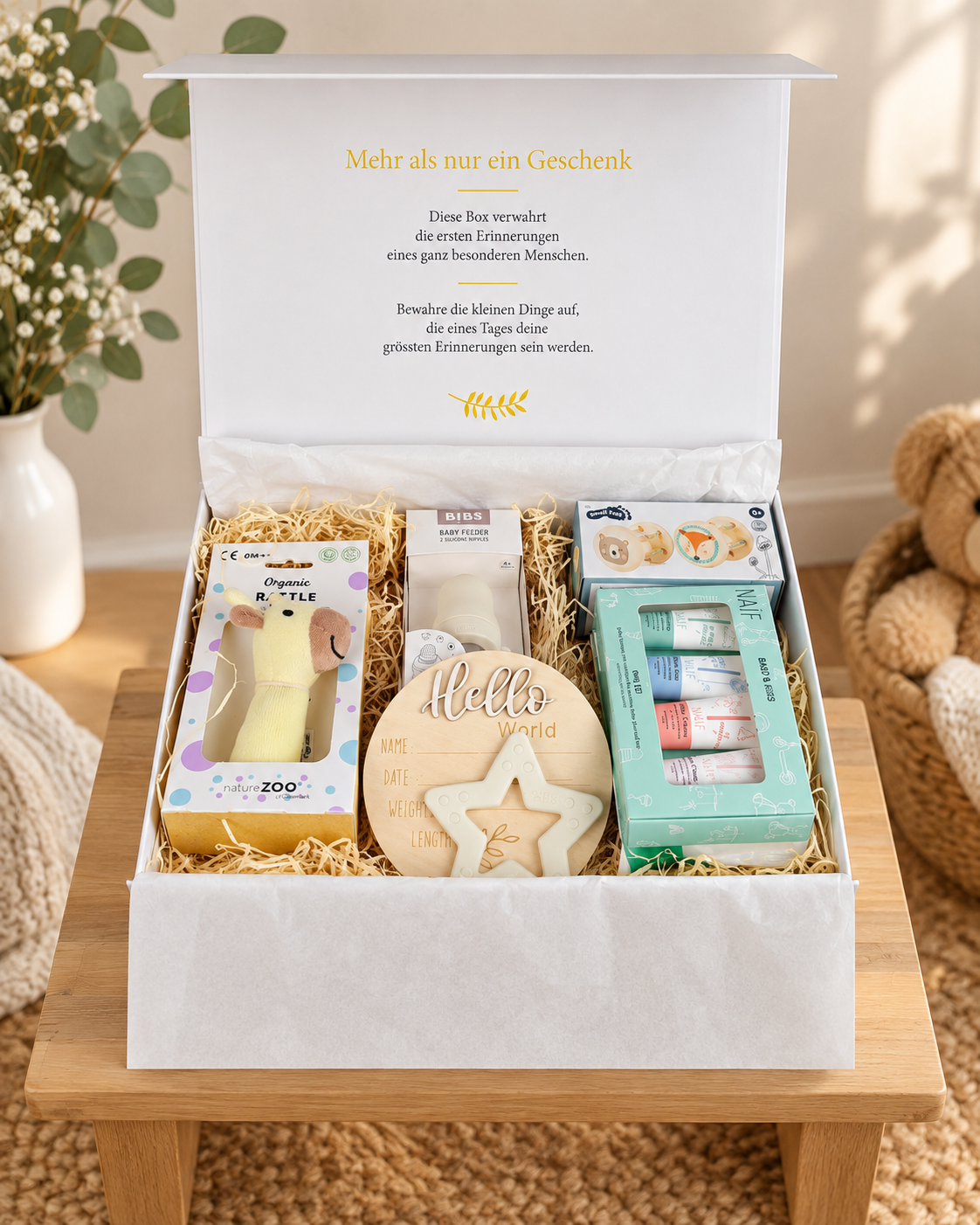 Confezione regalo Silas con 25 coccole, giraffa sonaglio biologico, mangiatoia per bebè, giocattolo da afferrare, anello da dentizione BIBS e cura NAÏF