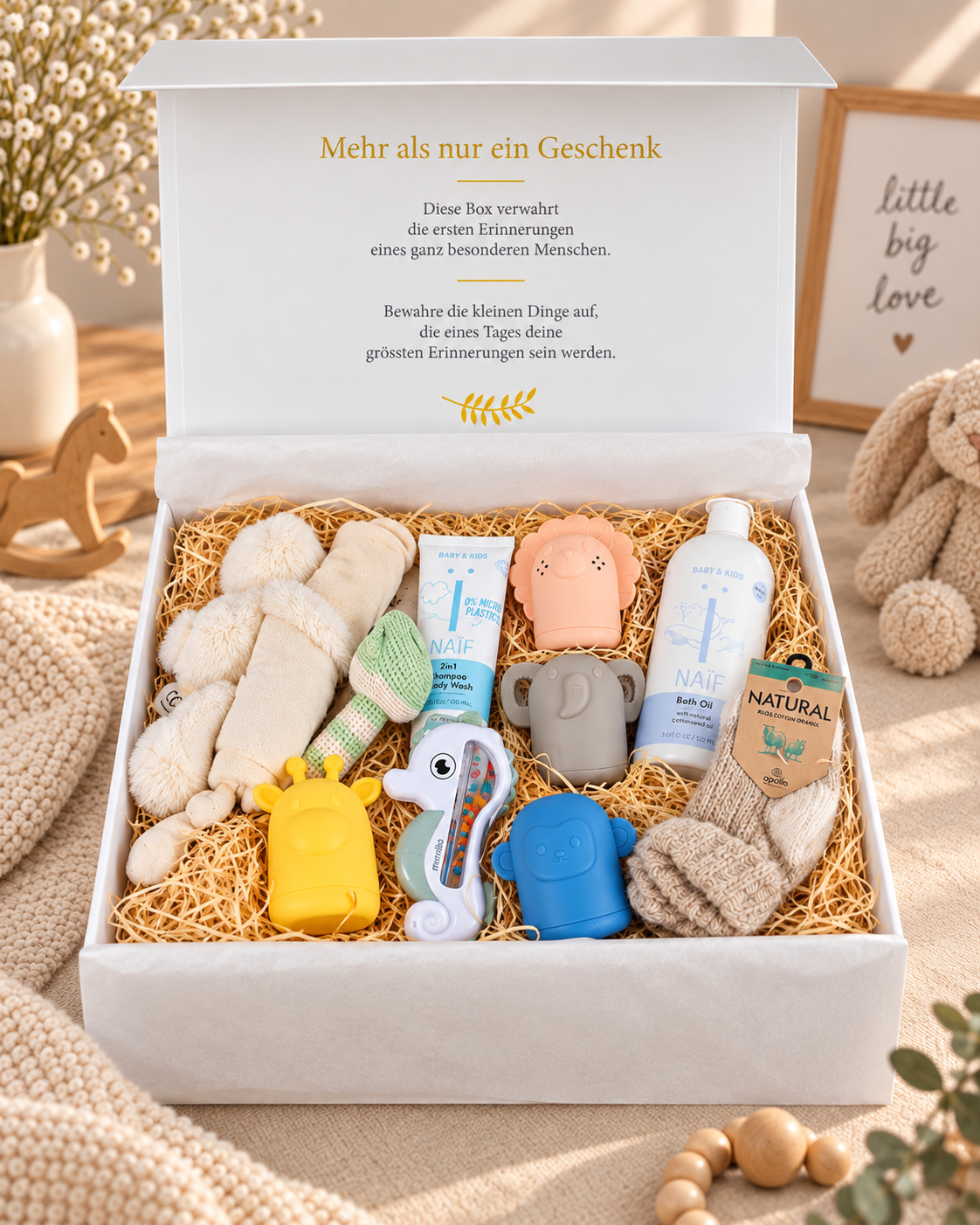 Offene Baby Geschenkbox Yuna mit Kuscheltuch Eisbär, gehäkelter Walfisch-Rassel, Silikon Badespielzeug, Badthermometer und NAÏF Badepflege
