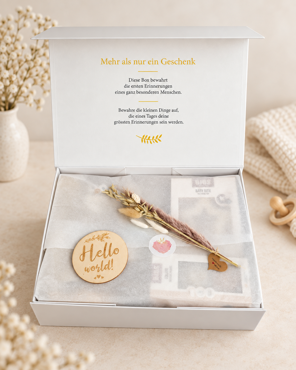 Coffret cadeau de naissance blanc crème ouvert avec papier de soie, fleurs séchées et étiquette en bois "Hello world !" sur un fond clair.