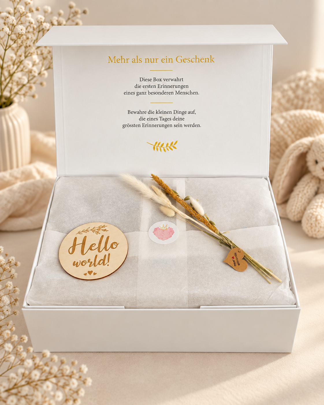 Geöffnete cremeweisse Geschenkbox zur Geburt mit Erinnerungsaufdruck, Seidenpapier, Trockenblumen und rundem Holzanhänger „Hello world!“.