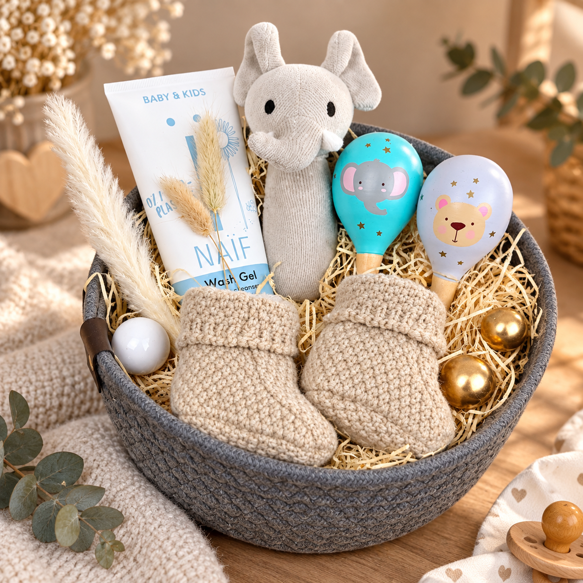 Grauer Baby Geschenkkorb mit Elefant, gestrickten Babyschuhen, NAÏF Pflege und bunten Rasseln als liebevolles Geschenk zur Geburt.