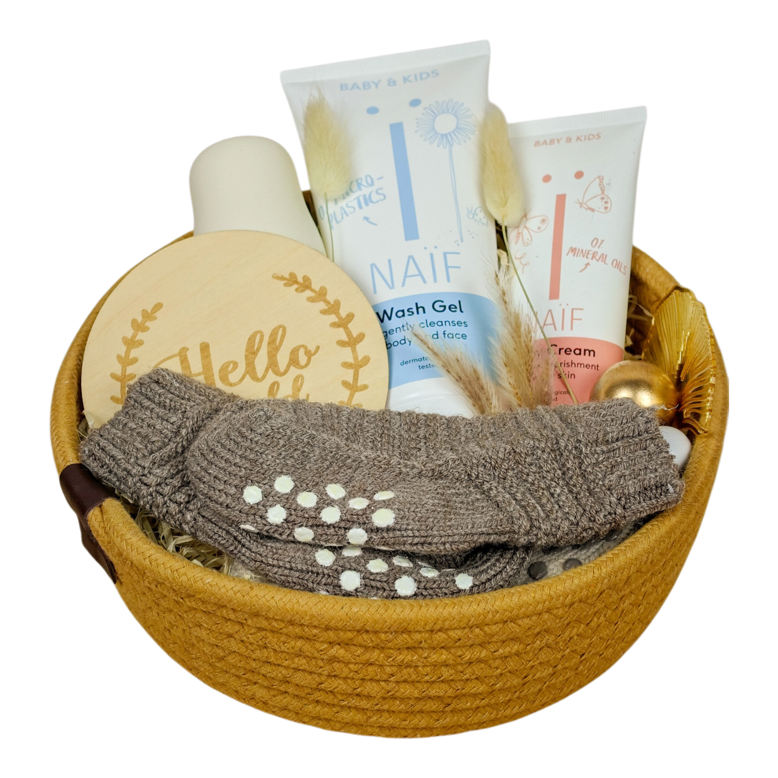 Elias gift basket with baby socks set of 2, baby fruit teat cream, NAÏF washing gel and NAÏF baby cream in a gray cotton basket