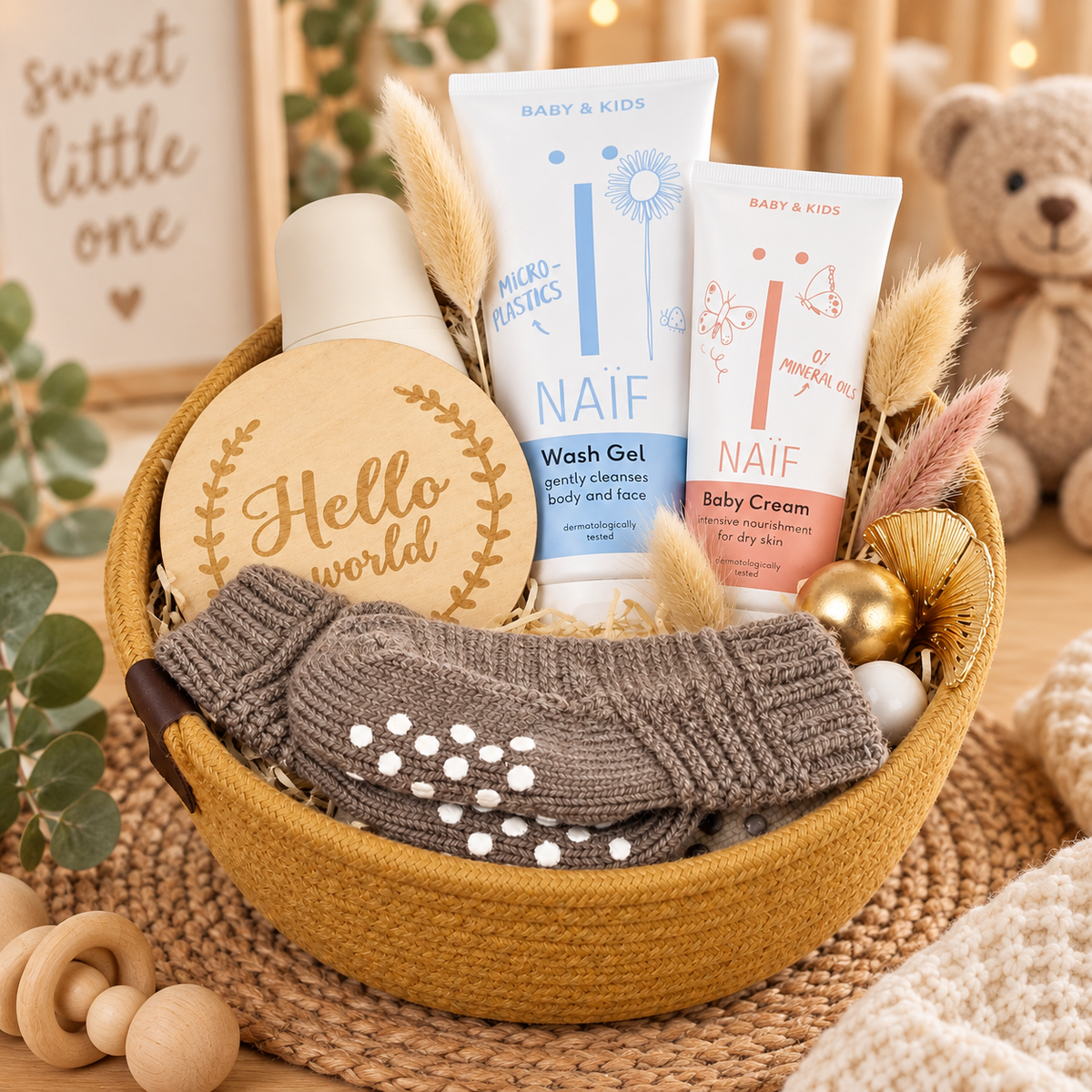 Cesto regalo Elias come elegante regalo per bambini con gel detergente NAÏF, crema per bambini, calzini caldi per bambini, targa in legno e dettagli decorativi naturali in marrone, crema e oro.