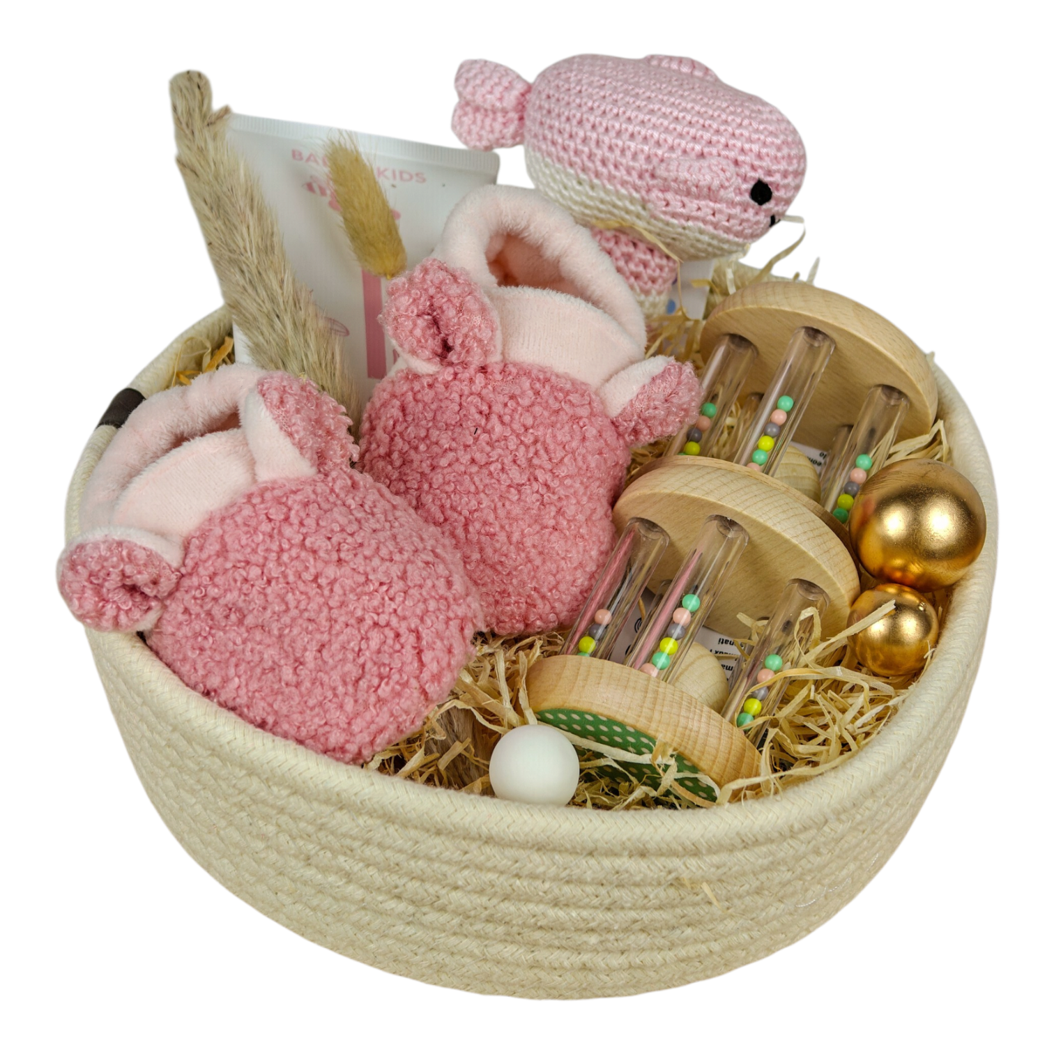 Geschenkkorb Fiona mit rosa Babyrassel Walfisch, Babyschuhen, Greifspielzeug Tiere Pastell und NAÏF Bodylotion im weissen Baumwollkorb