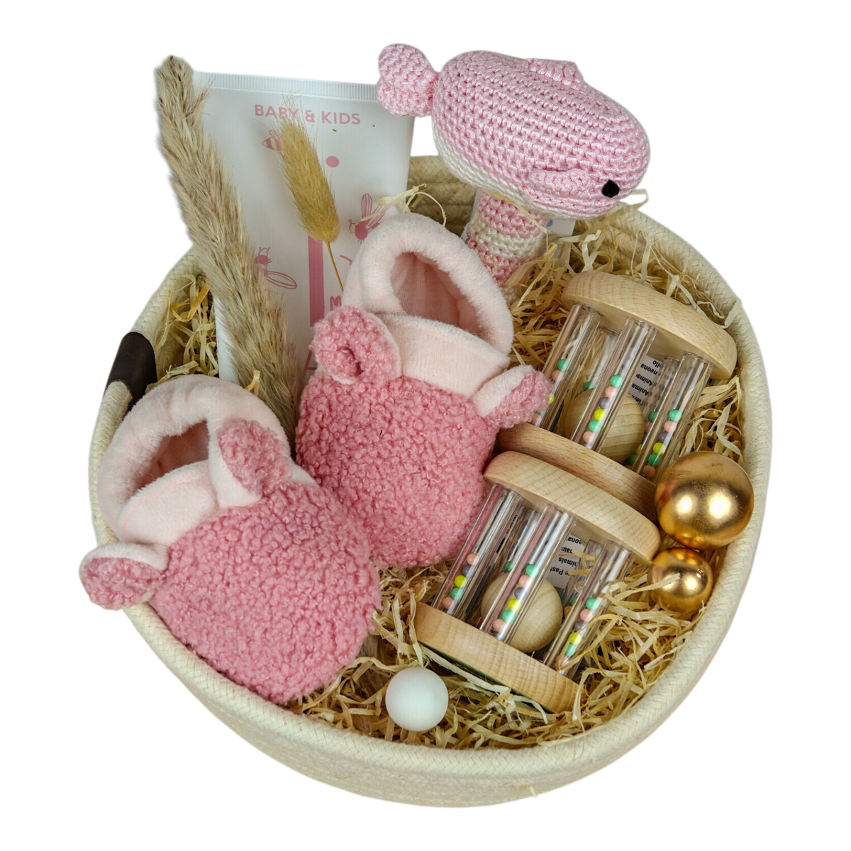 Baby gift basket Fiona for girls with crocheted whale rattle, pink baby shoes, wooden grasping toy and NAÏF body lotion