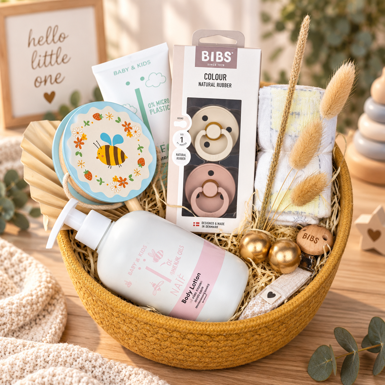Panier cadeau de juin comme cadeau de bébé composé avec amour avec des tétines BIBS, de la lotion pour le corps NAÏF, des jouets en bois, des langes en mousseline et des détails décoratifs naturels en rose, crème et jaune moutarde.