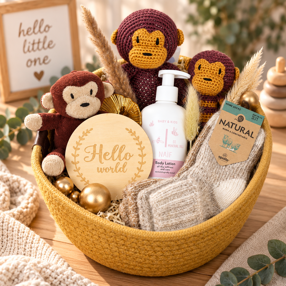 Kian gift basket with crocheted monkeys, NAÏF body lotion, warm baby socks, wooden sign and loving natural details in brown, beige and gold.