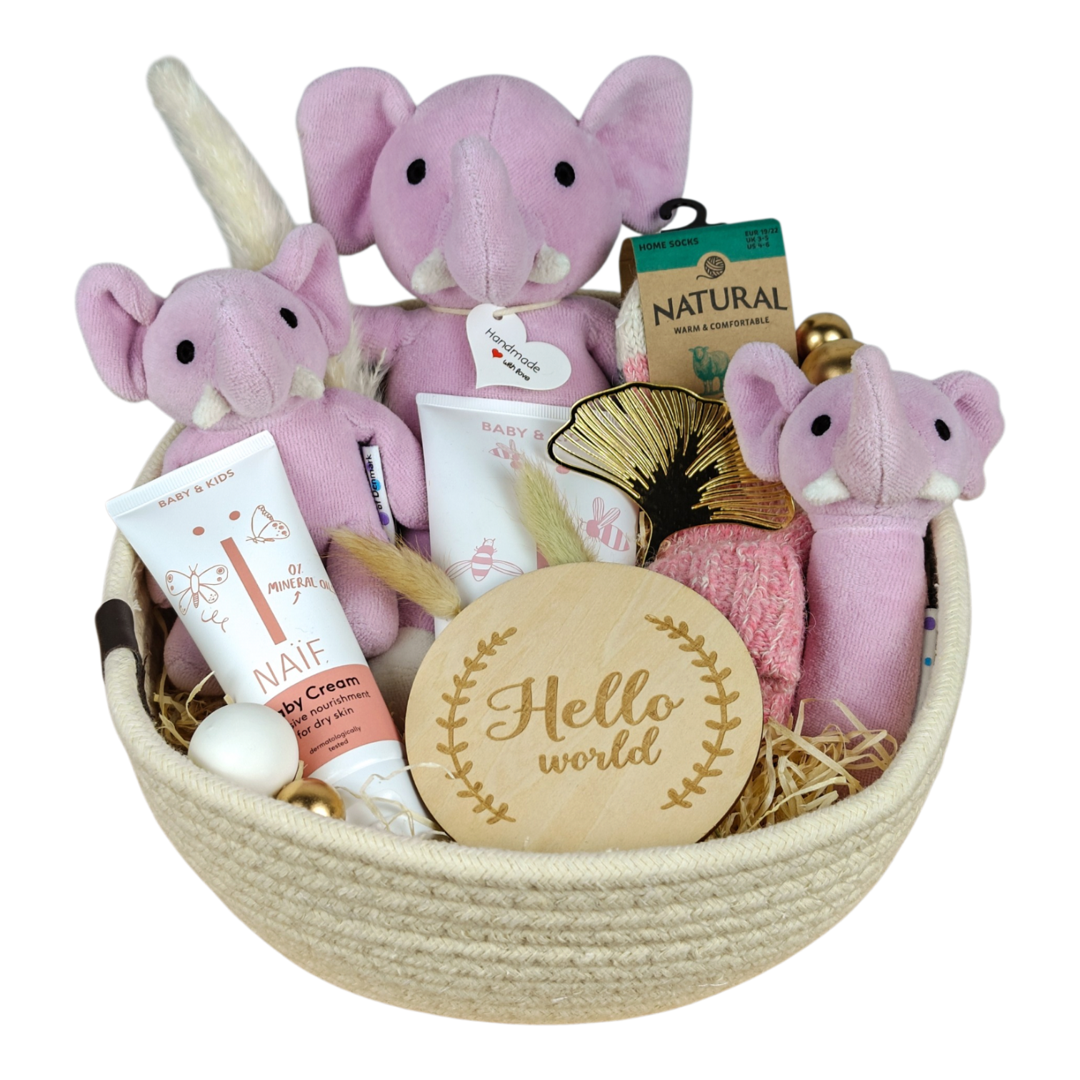 Baby Geschenkkorb Lili für Mädchen mit drei rosa natureZOO Elefanten, NAÏF Bodylotion, Windelcreme und Wollsocken