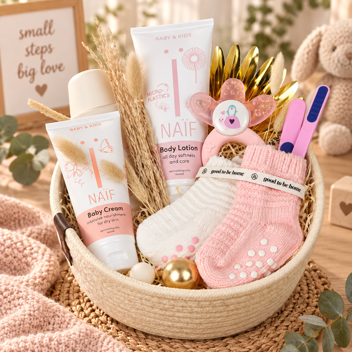 Lisa gift basket as a lovingly designed baby gift for girls with NAÏF baby care, learning spoons, teething ring, baby socks and natural decorative details in pink, cream and gold.