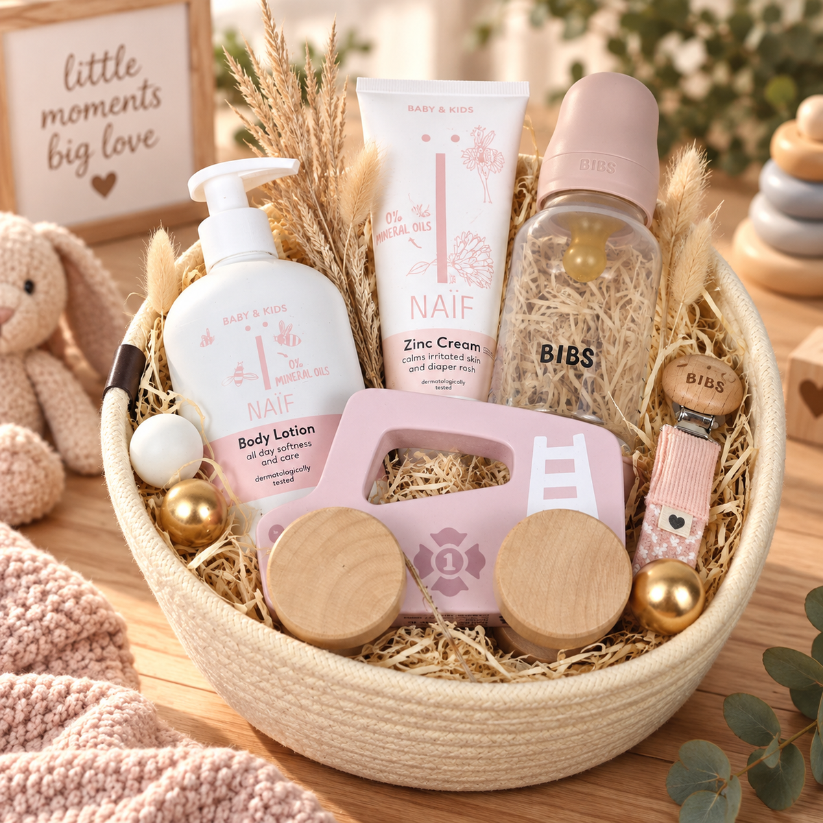 Livia gift basket as a lovingly put together baby gift with BIBS baby bottle, NAÏF Body Lotion, Zinc Cream, wooden vehicle and pacifier chain in pink, cream and natural tones.
