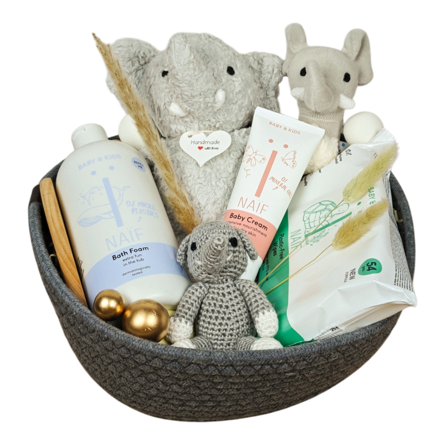 Luan gift basket with organic plush toy elephant, baby rattle, stroller trailer, NAÏF care products, wet wipes and baby comb