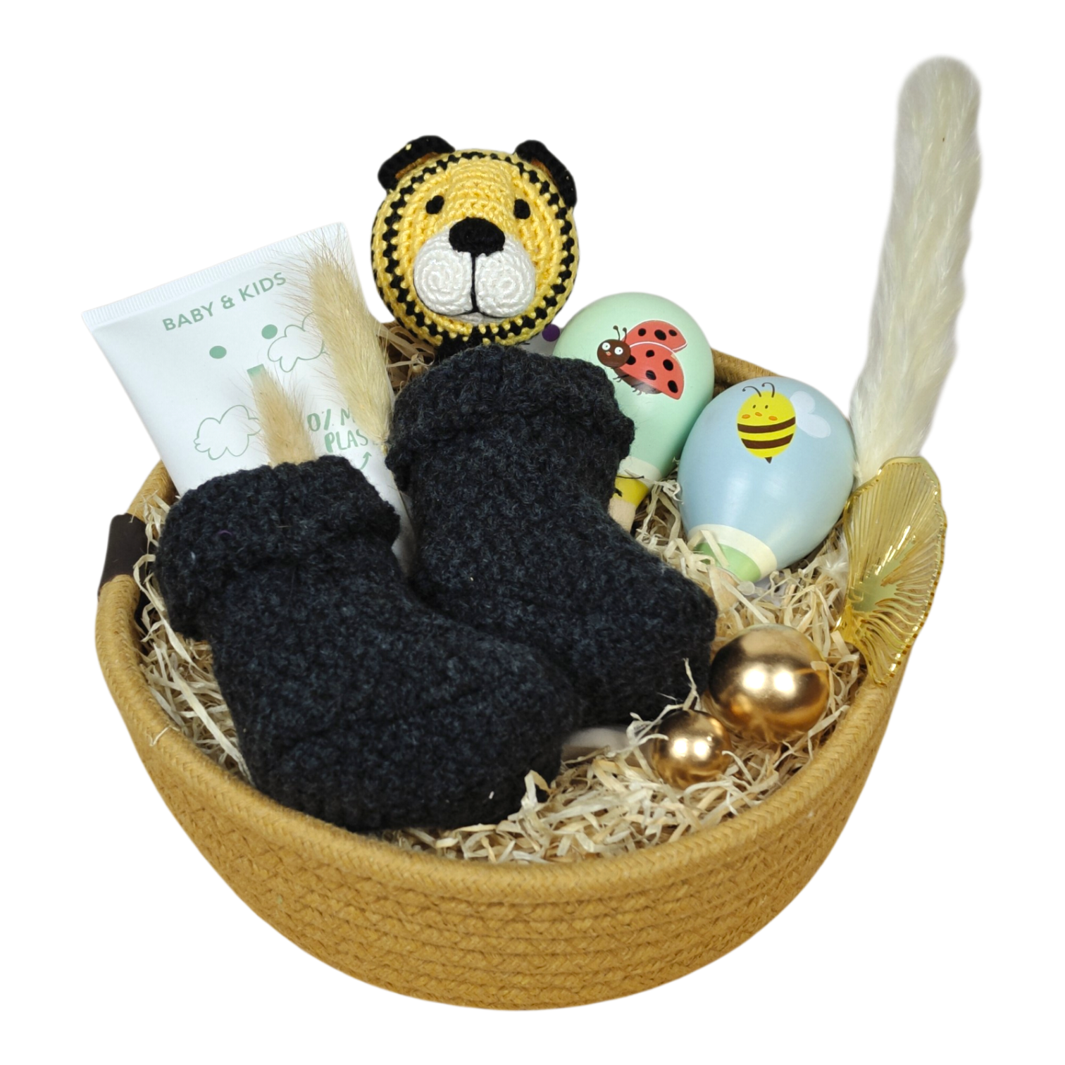 Baby gift basket Tim with tiger, black knitted baby shoes, maracas rattles and NAÏF hair shampoo