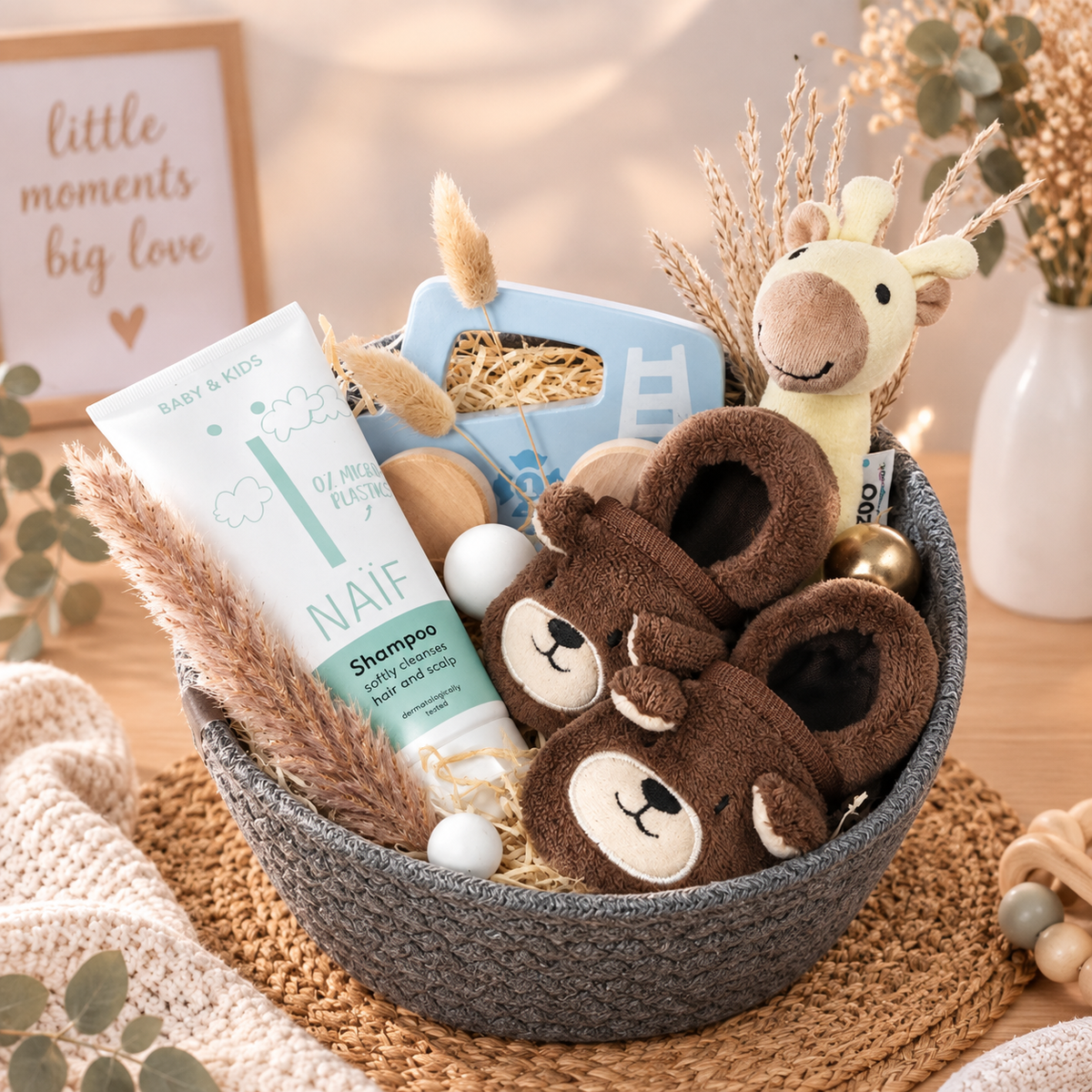 Geschenkkorb Timo als liebevoll zusammengestelltes Babygeschenk mit NAÏF Babyshampoo, braunen Bärchen-Babyschuhen, Giraffe, Holzspielzeug und natürlichen Dekoelementen in Braun, Blau und Creme.