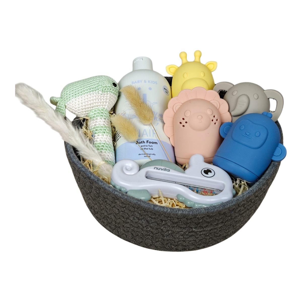 Baby Geschenkkorb Splashi mit grauem Baumwollkorb, NAÏF Badeschaum, Badthermometer und vier Silikon Badetieren