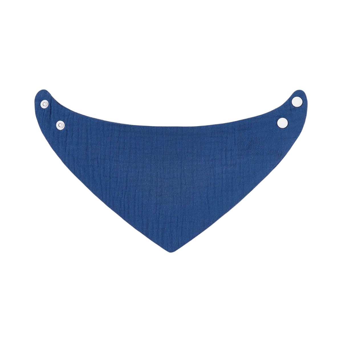 Le bavoir en coton bleu royal de Hello World est un bavoir triangulaire avec deux boutons-pression métalliques de chaque côté pour une fermeture réglable et est présenté sur un fond blanc simple.