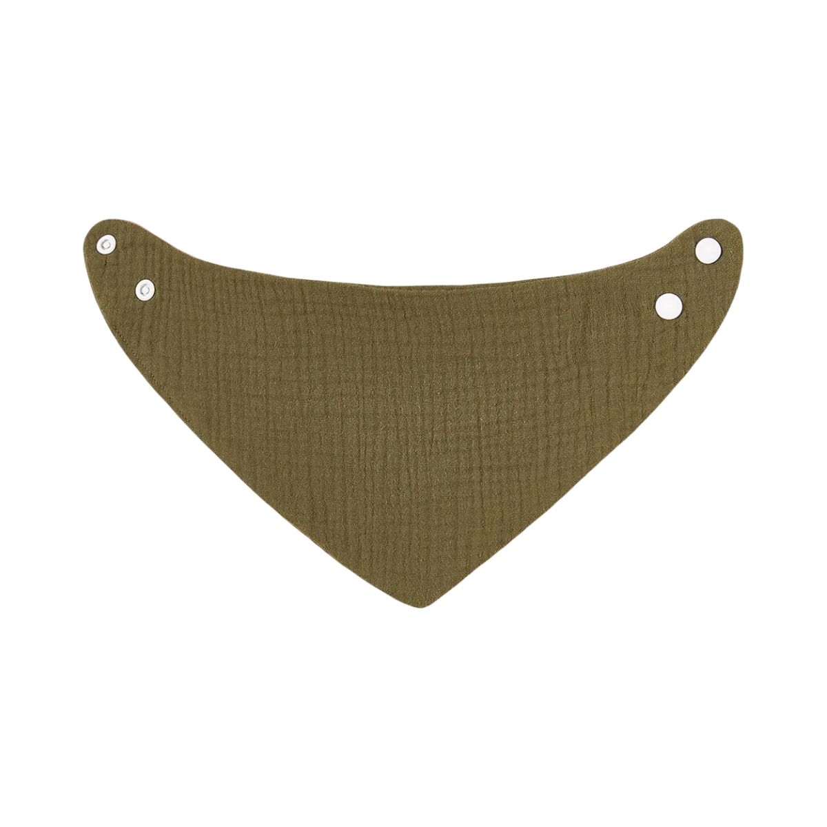 Il bavaglino Hello World Cotton Army Green è un bavaglino a bandana verde oliva con tre bottoni a pressione in metallo sul bordo superiore curvo ed è presentato su uno sfondo bianco.